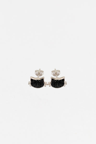 Black Cat Kitty Cat Crystal Silver Stud Earrings | Annie and Sisters