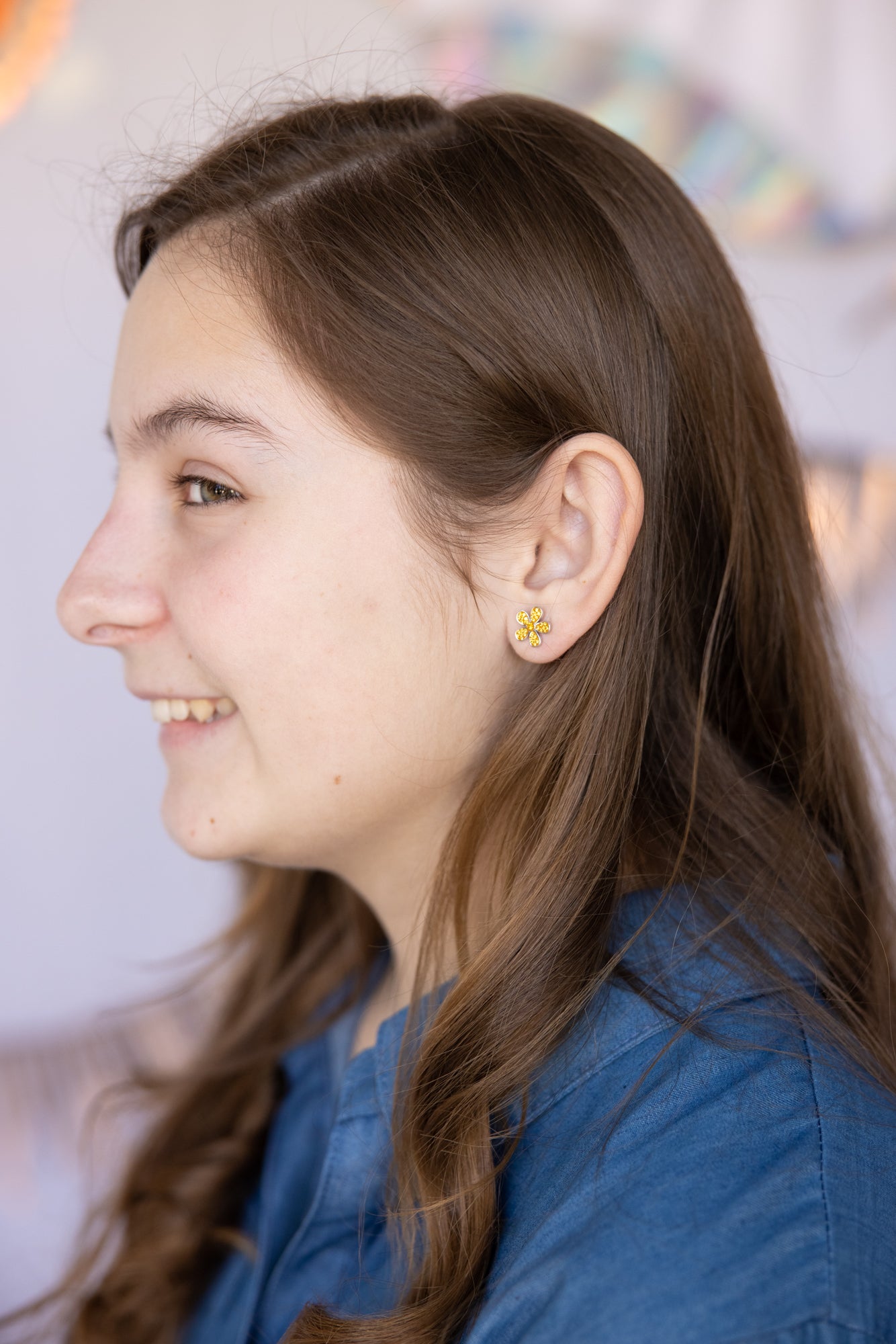 Five Petal Flower Crystal Silver Stud Earrings