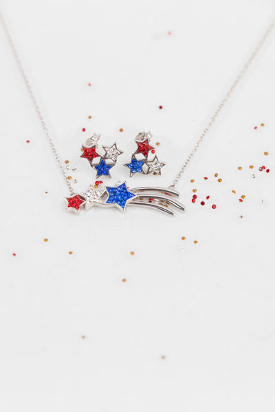Red White and Blue Stars Crystal Sterling Silver Earrings/Necklace Set | Annie and Sisters