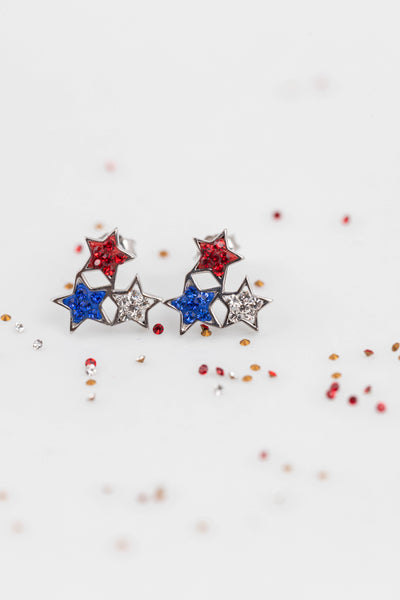 Red White and Blue Stars Crystal Sterling Silver Stud Earrings | Annie and Sisters