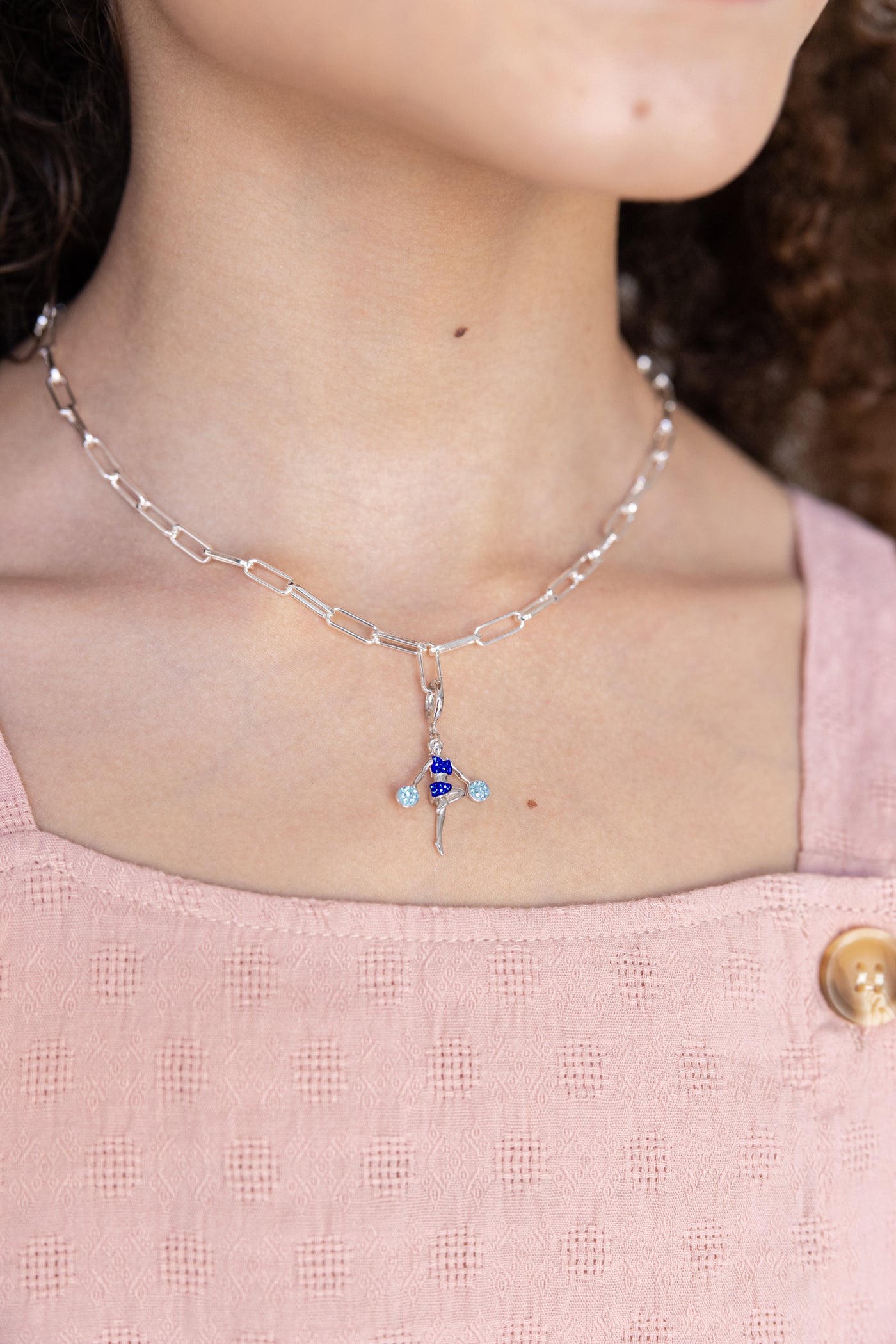 Cheerleader Standing With Pompons Crystal Sterling Silver Charm in Aquamarine + Sapphire | Annie and Sisters