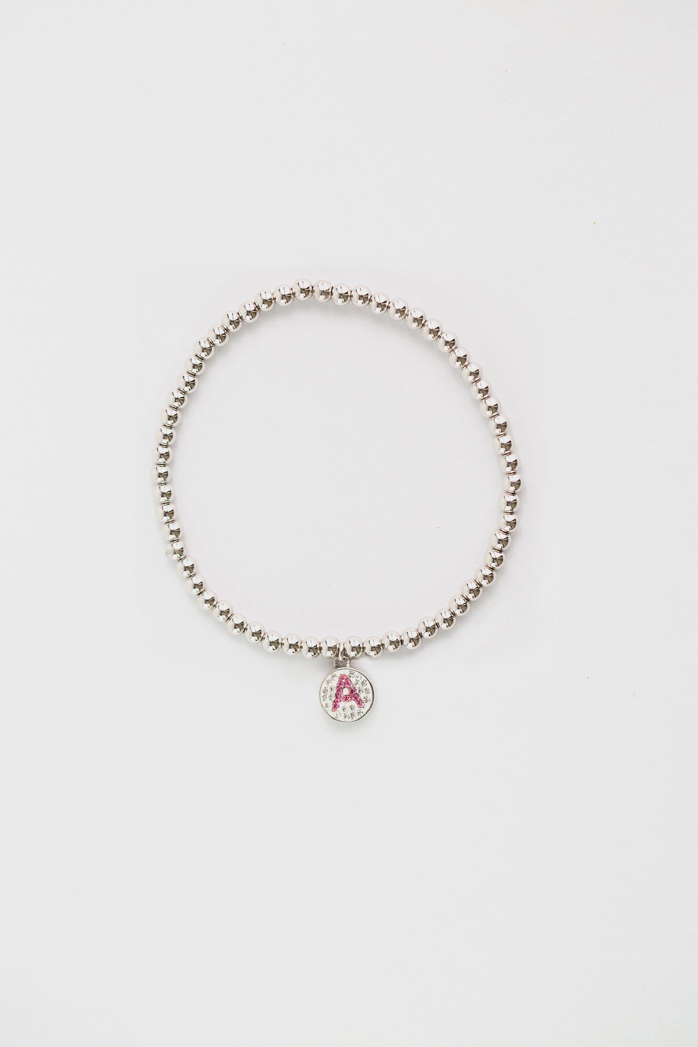 Initial Round Charm on Sterling Silver Beaded Stretch Bracelet