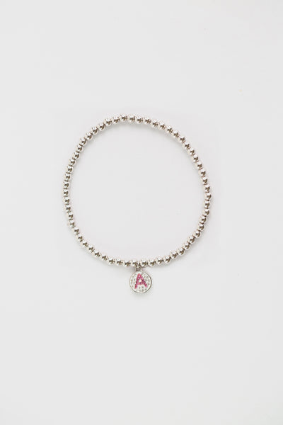 Initial Round Charm on Sterling Silver Beaded Stretch Bracelet