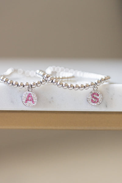Initial Round Charm on Sterling Silver Beaded Stretch Bracelet