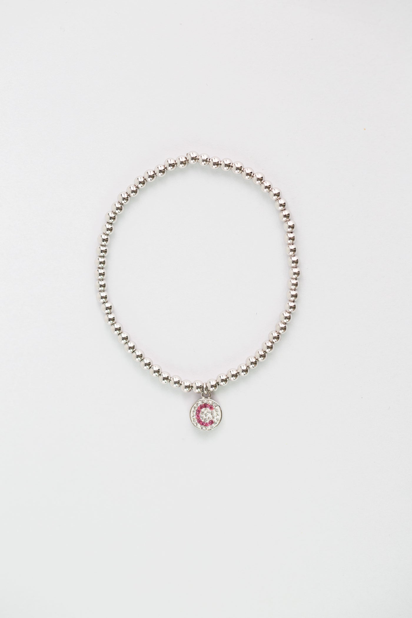 Initial Round Charm on Sterling Silver Beaded Stretch Bracelet