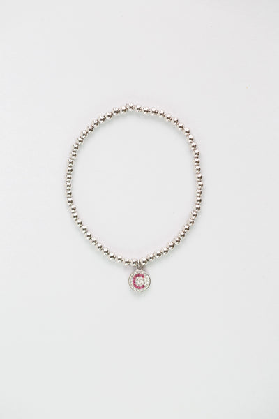 Initial Round Charm on Sterling Silver Beaded Stretch Bracelet
