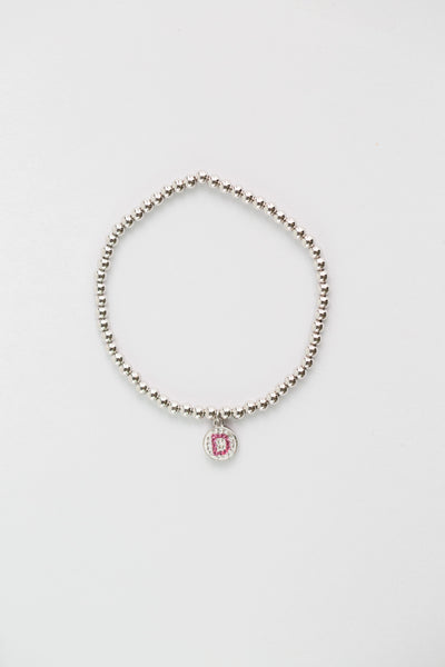 Initial Round Charm on Sterling Silver Beaded Stretch Bracelet