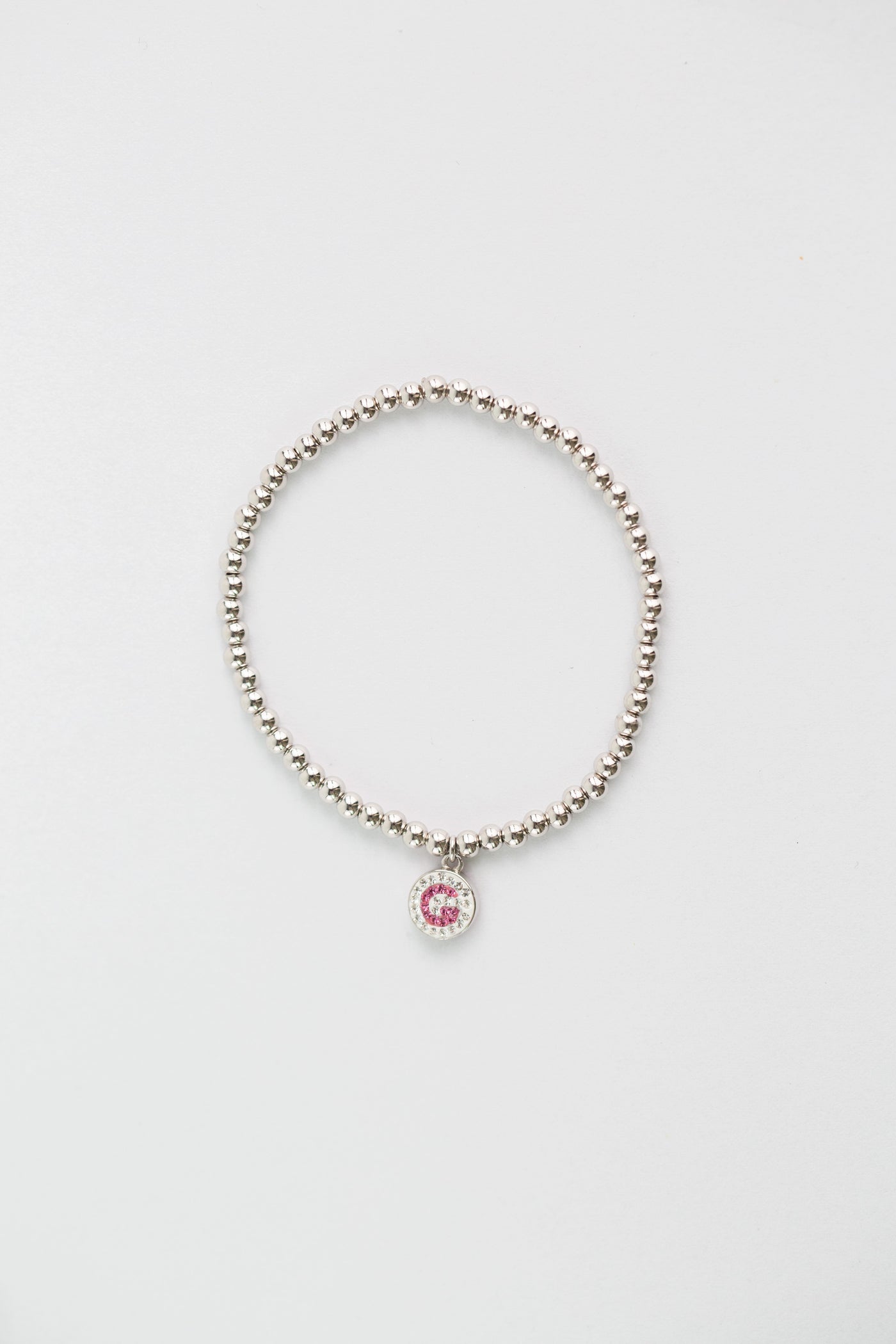 Initial Round Charm on Sterling Silver Beaded Stretch Bracelet