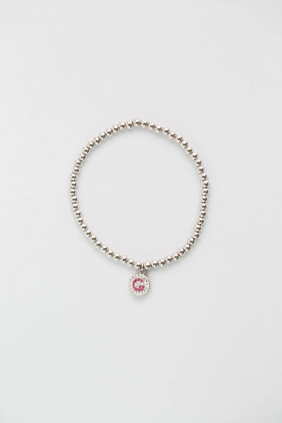 Initial Round Charm on Sterling Silver Beaded Stretch Bracelet
