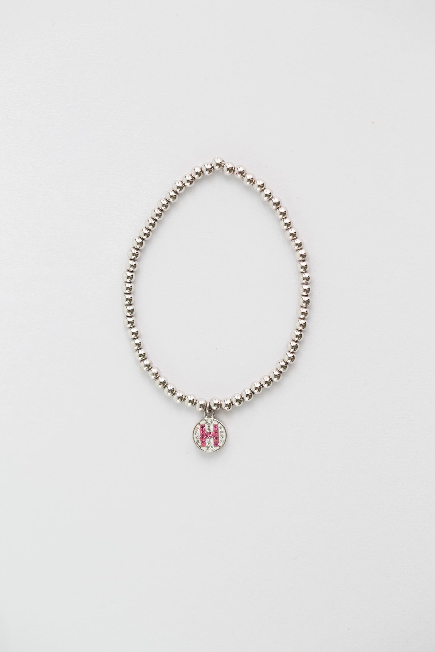 Initial Round Charm on Sterling Silver Beaded Stretch Bracelet