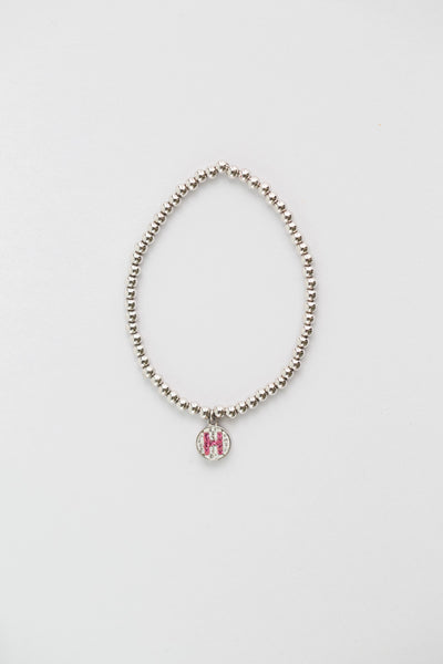 Initial Round Charm on Sterling Silver Beaded Stretch Bracelet