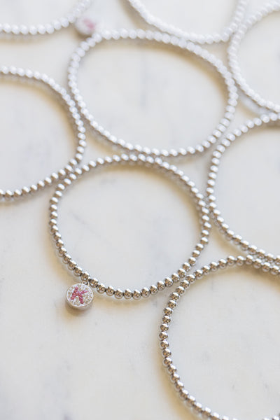 Initial Round Charm on Sterling Silver Beaded Stretch Bracelet