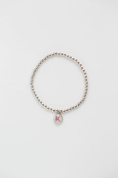 Initial Round Charm on Sterling Silver Beaded Stretch Bracelet