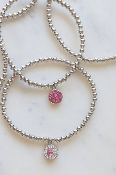 Initial Round Charm on Sterling Silver Beaded Stretch Bracelet