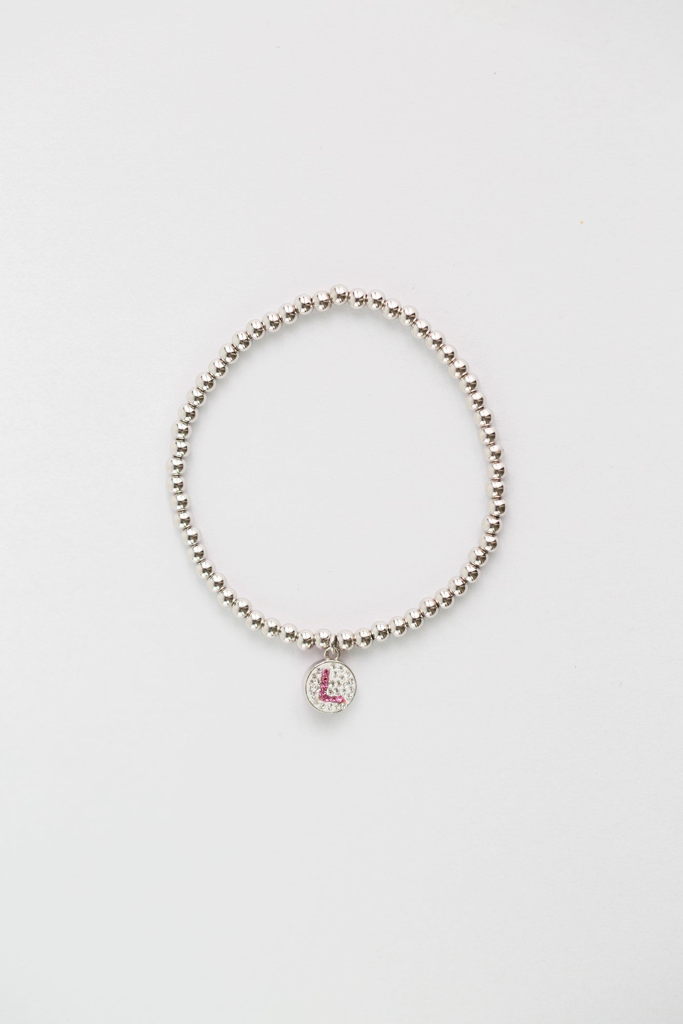 Initial Round Charm on Sterling Silver Beaded Stretch Bracelet