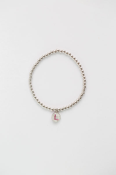 Initial Round Charm on Sterling Silver Beaded Stretch Bracelet