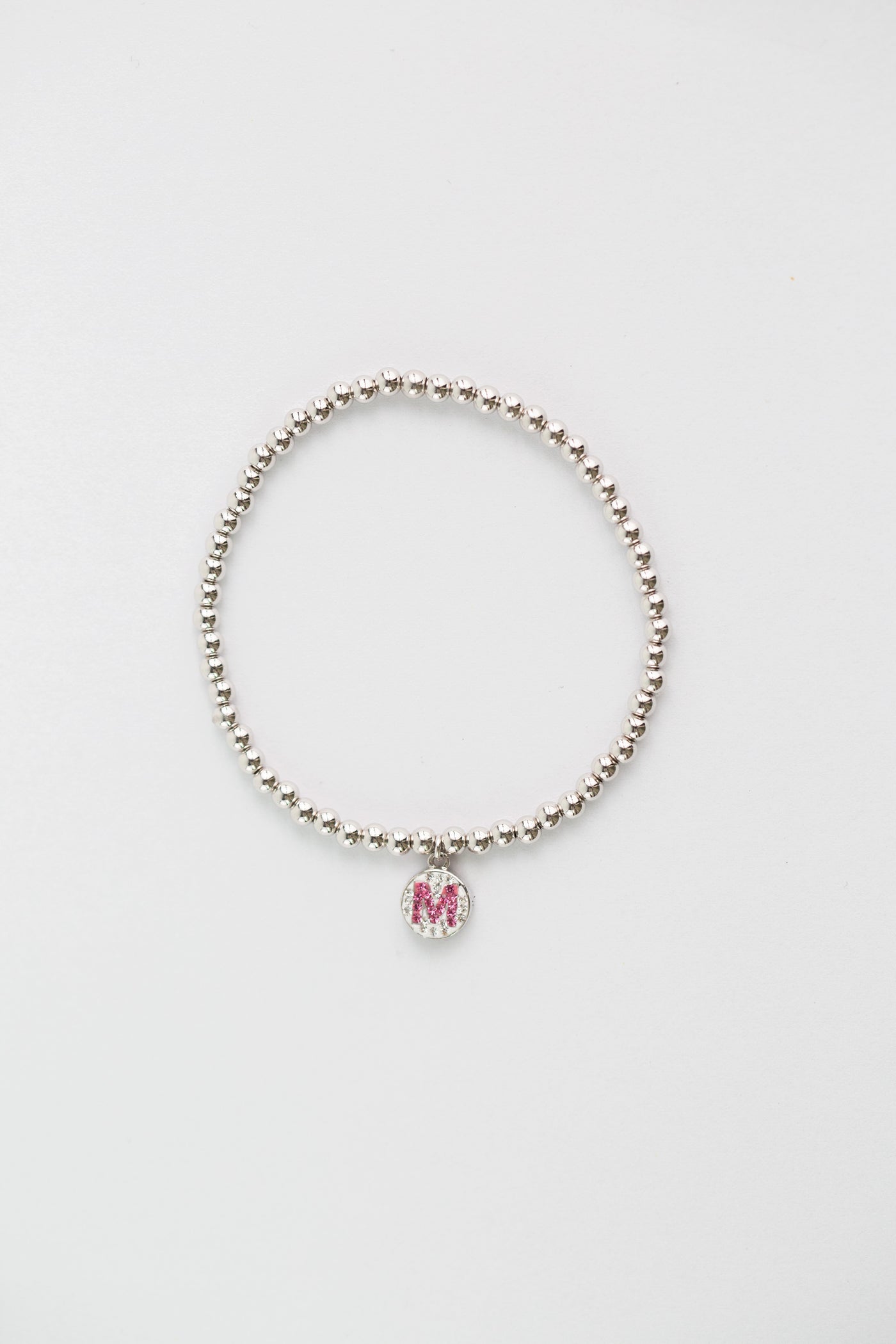 Initial Round Charm on Sterling Silver Beaded Stretch Bracelet