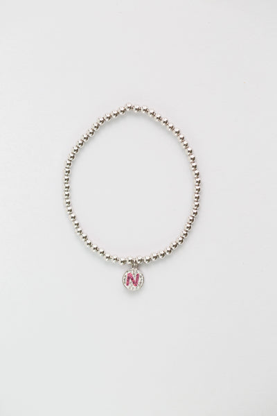 Initial Round Charm on Sterling Silver Beaded Stretch Bracelet
