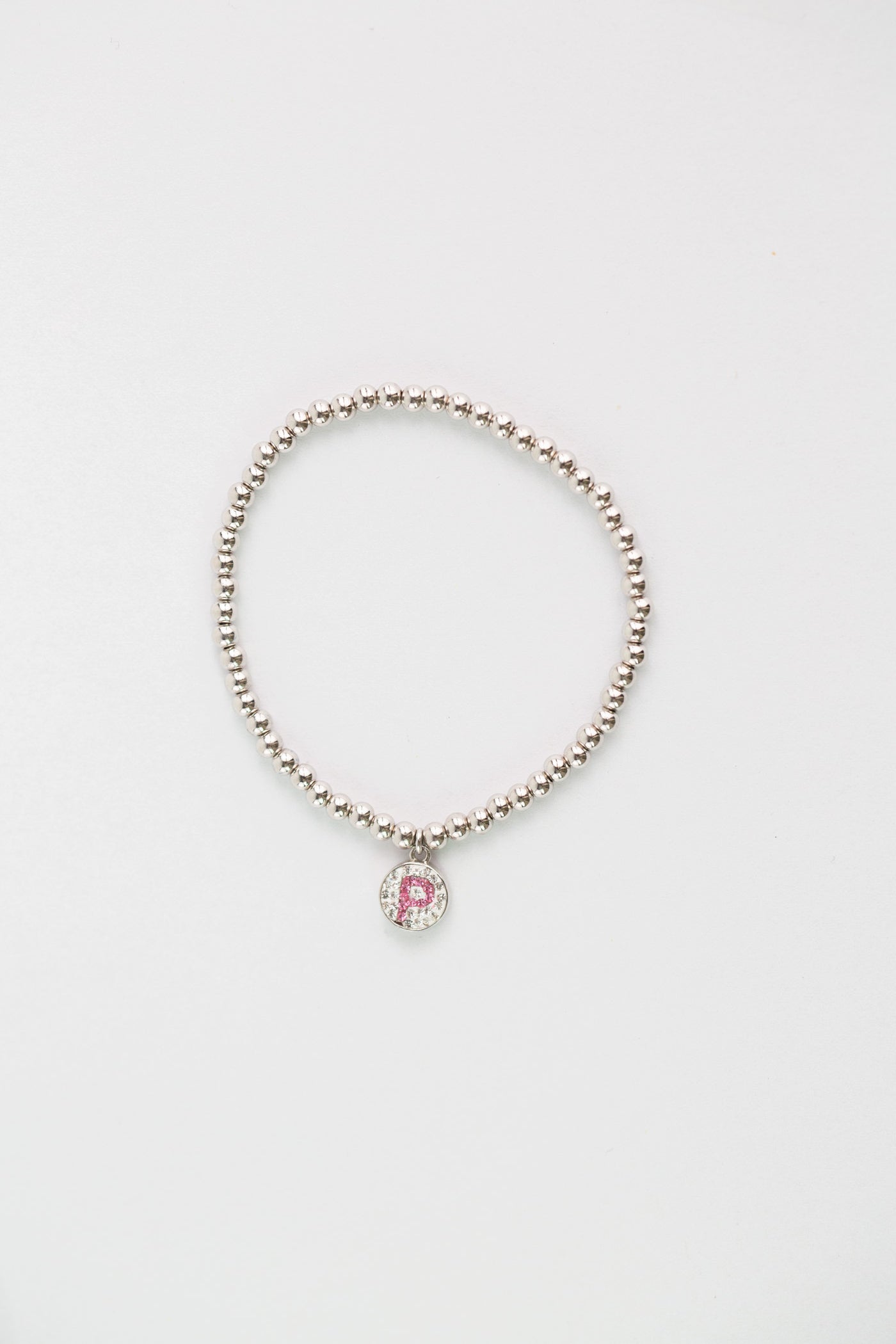 Initial Round Charm on Sterling Silver Beaded Stretch Bracelet