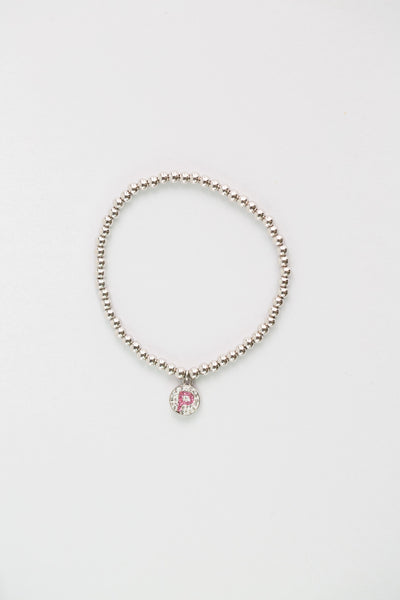 Initial Round Charm on Sterling Silver Beaded Stretch Bracelet