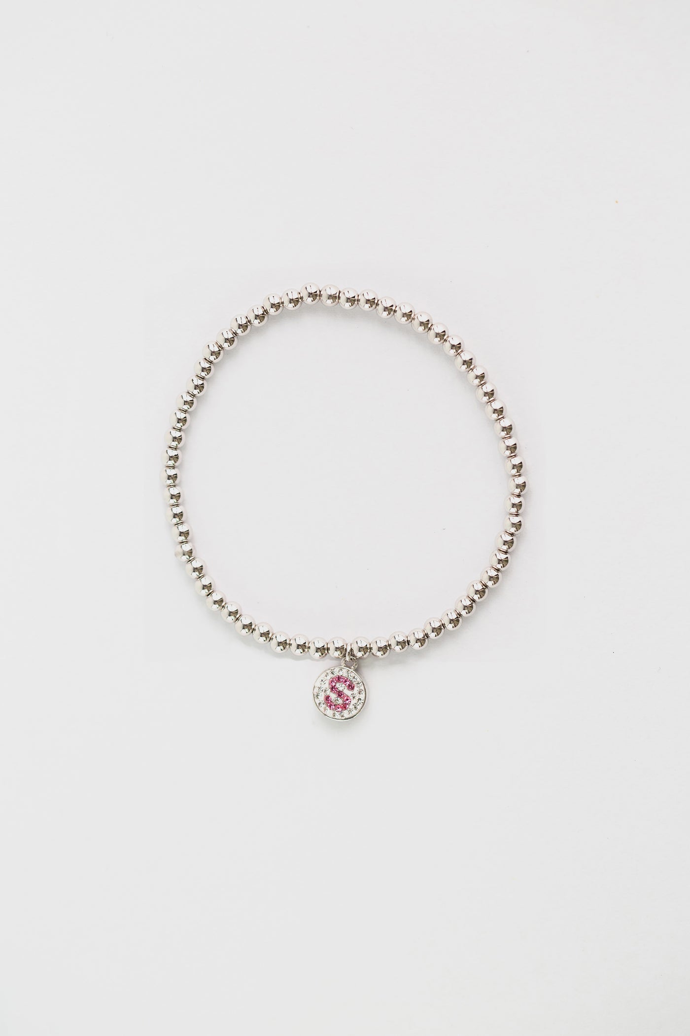 Initial Round Charm on Sterling Silver Beaded Stretch Bracelet