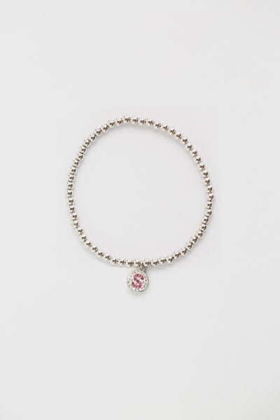 Initial Round Charm on Sterling Silver Beaded Stretch Bracelet