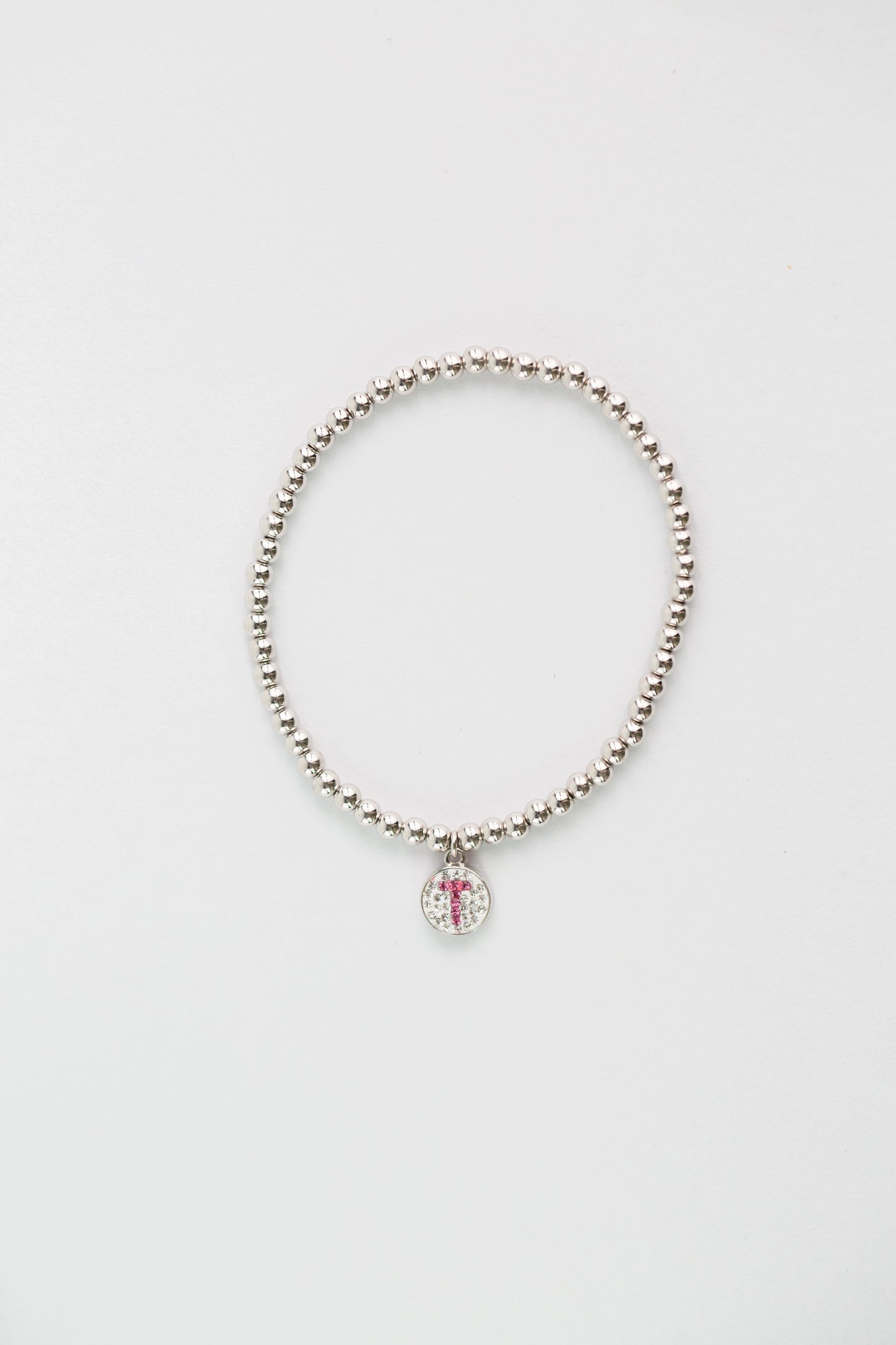 Initial Round Charm on Sterling Silver Beaded Stretch Bracelet
