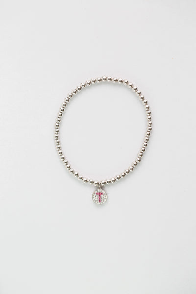 Initial Round Charm on Sterling Silver Beaded Stretch Bracelet