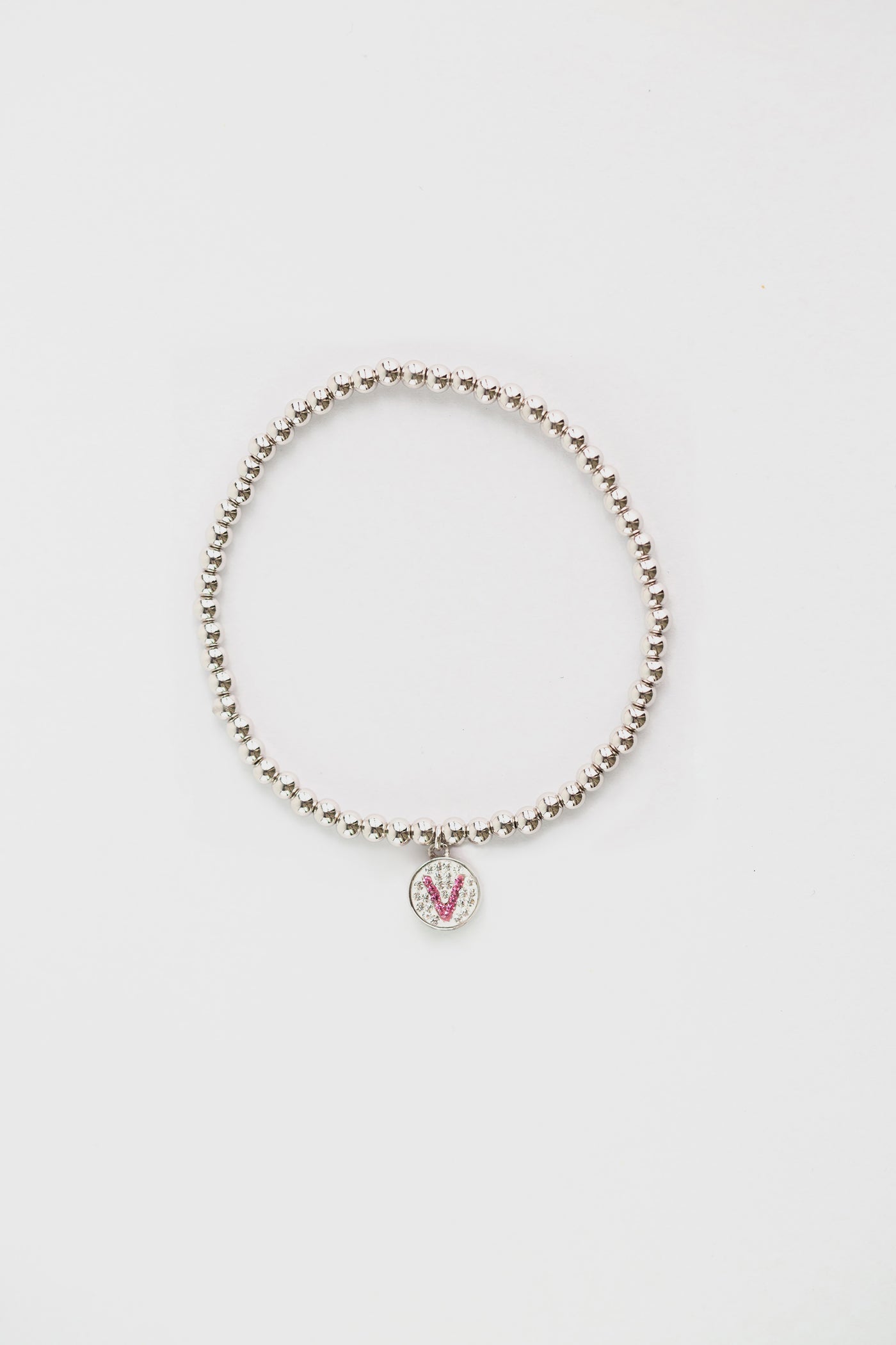 Initial Round Charm on Sterling Silver Beaded Stretch Bracelet