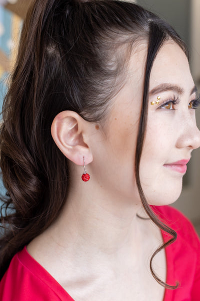 Dangling Red Ball Ornament Crystal Sterling Silver Earrings | Annie and Sisters