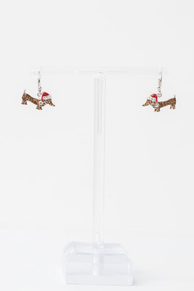 Dangling Holiday Dachshund Dog Crystal Sterling Silver Earrings | Annie and Sisters