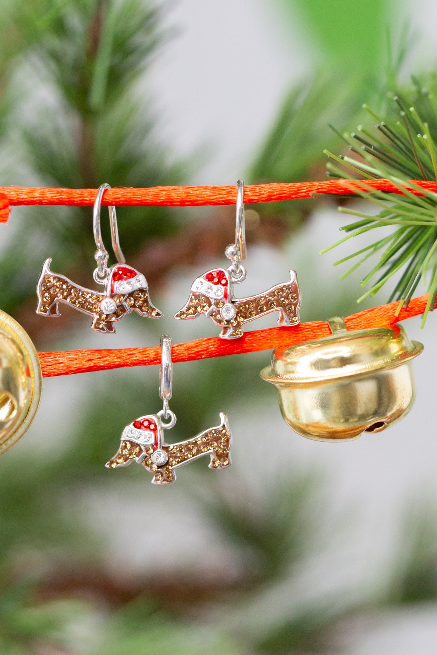 Dangling Holiday Dachshund Dog Crystal Sterling Silver Earrings | Annie and Sisters