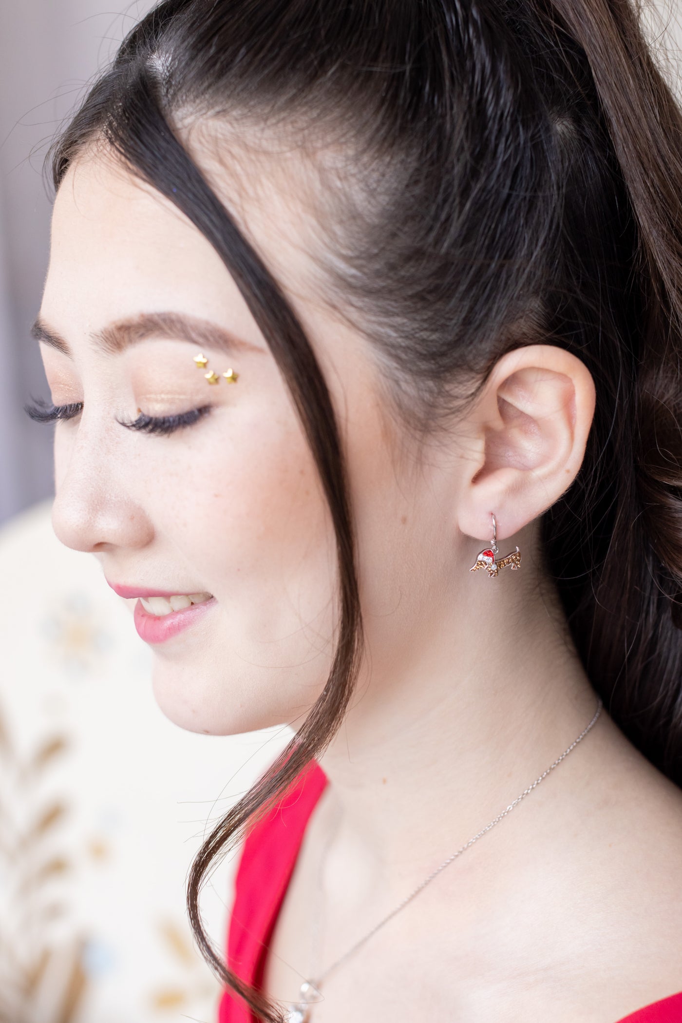 Dangling Holiday Dachshund Dog Crystal Sterling Silver Earrings | Annie and Sisters