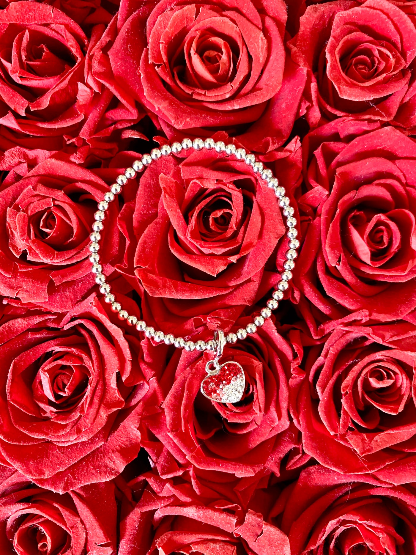 Red Ombre Heart Crystal Sterling Silver Beaded Stretch Bracelet | Annie and Sisters