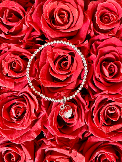Red Ombre Heart Crystal Sterling Silver Beaded Stretch Bracelet | Annie and Sisters
