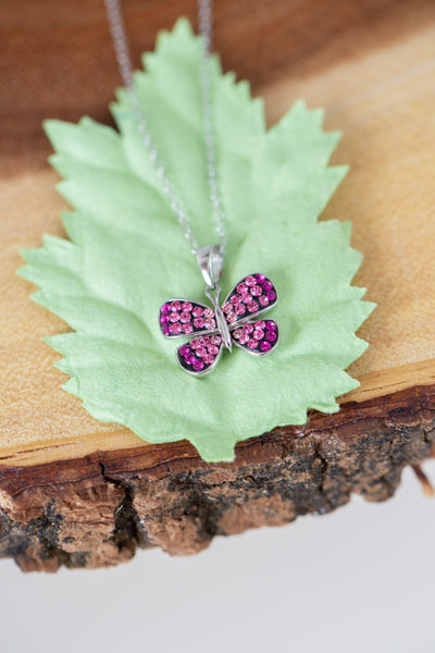 Pink Butterfly Crystal Sterling Silver Necklace | Annie and Sisters