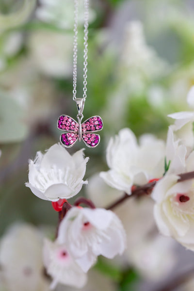 Pink Butterfly Crystal Sterling Silver Necklace | Annie and Sisters
