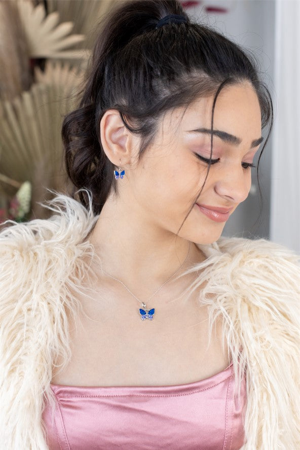 Sapphire Blue Butterfly Crystal Sterling Silver Earring & Necklace Set | Annie and Sisters