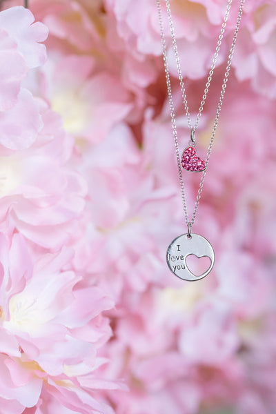 Mom and Daughter “I Love You” Heart Crystal Sterling Silver Necklace Set | Annie and Sisters