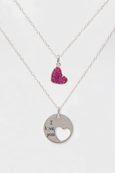 Mom and Daughter “I Love You” Heart Crystal Sterling Silver Necklace Set | Annie and Sisters
