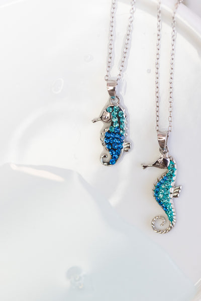 Mother & Child Matching Seahorse Crystal Sterling Silver Necklace Set