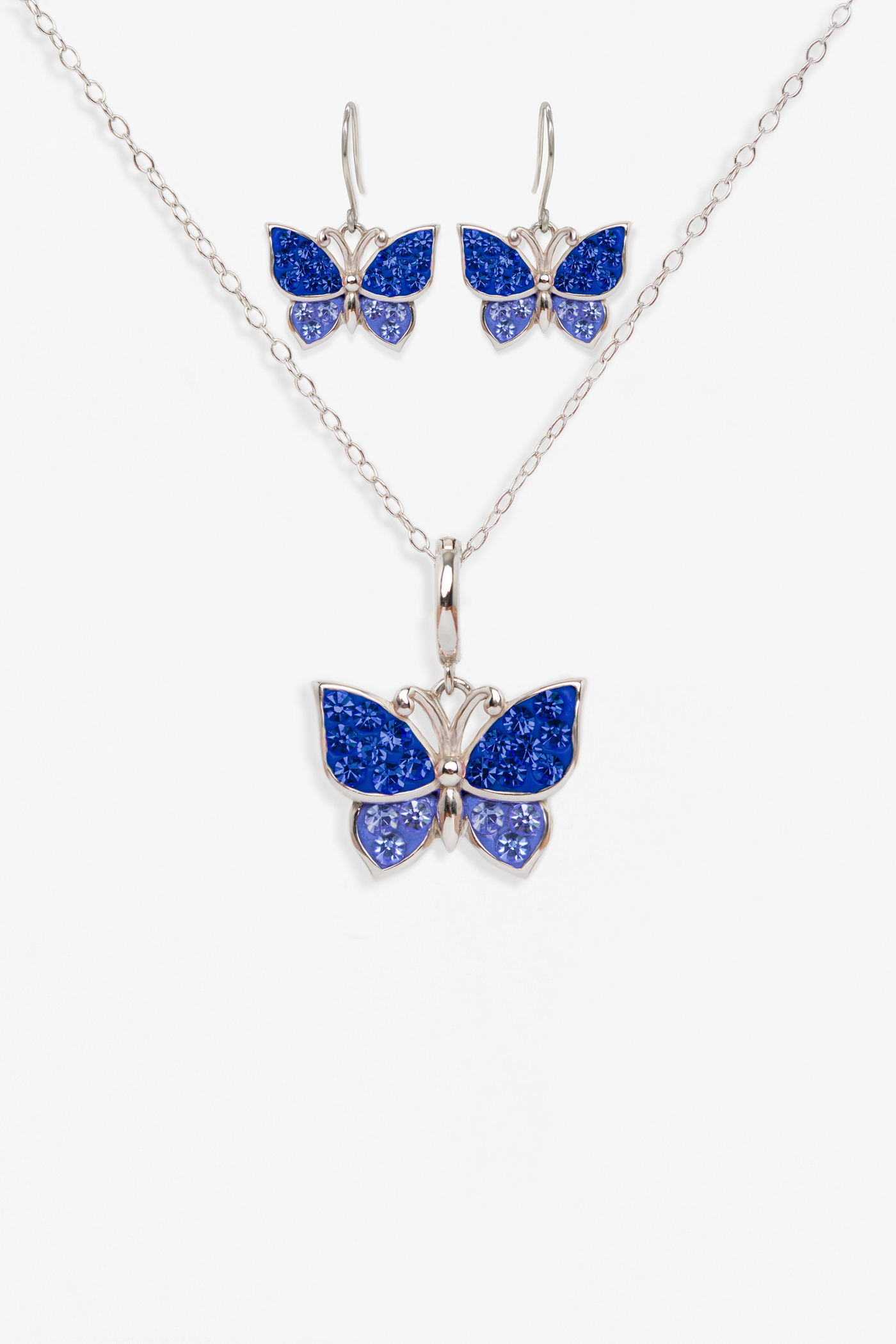Sapphire Blue Butterfly Crystal Sterling Silver Earring & Necklace Set | Annie and Sisters