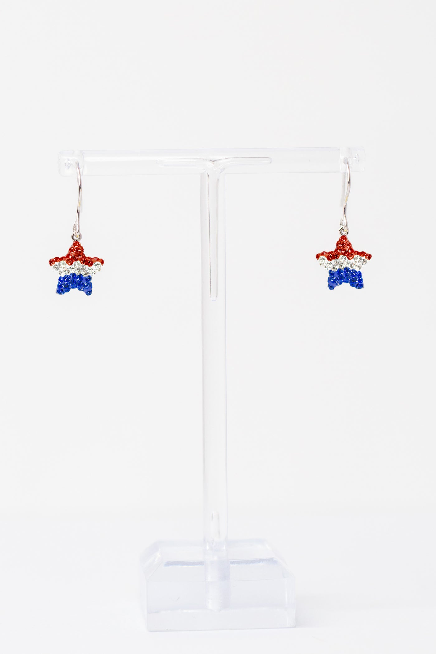 Red White and Blue Stripe Star Crystal Sterling Silver Dangling Earrings | Annie and Sisters