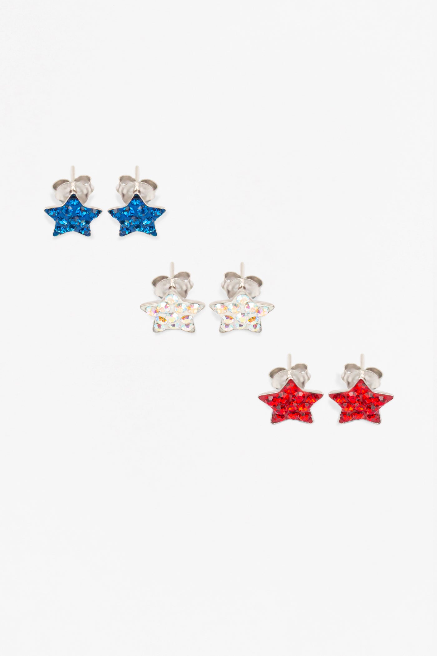 Red White and Blue Star Stud Sterling Silver Earrings Three Piece Set