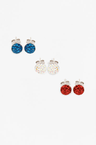 Red White and Blue 9mm Round Stud Earrings Three Piece Set