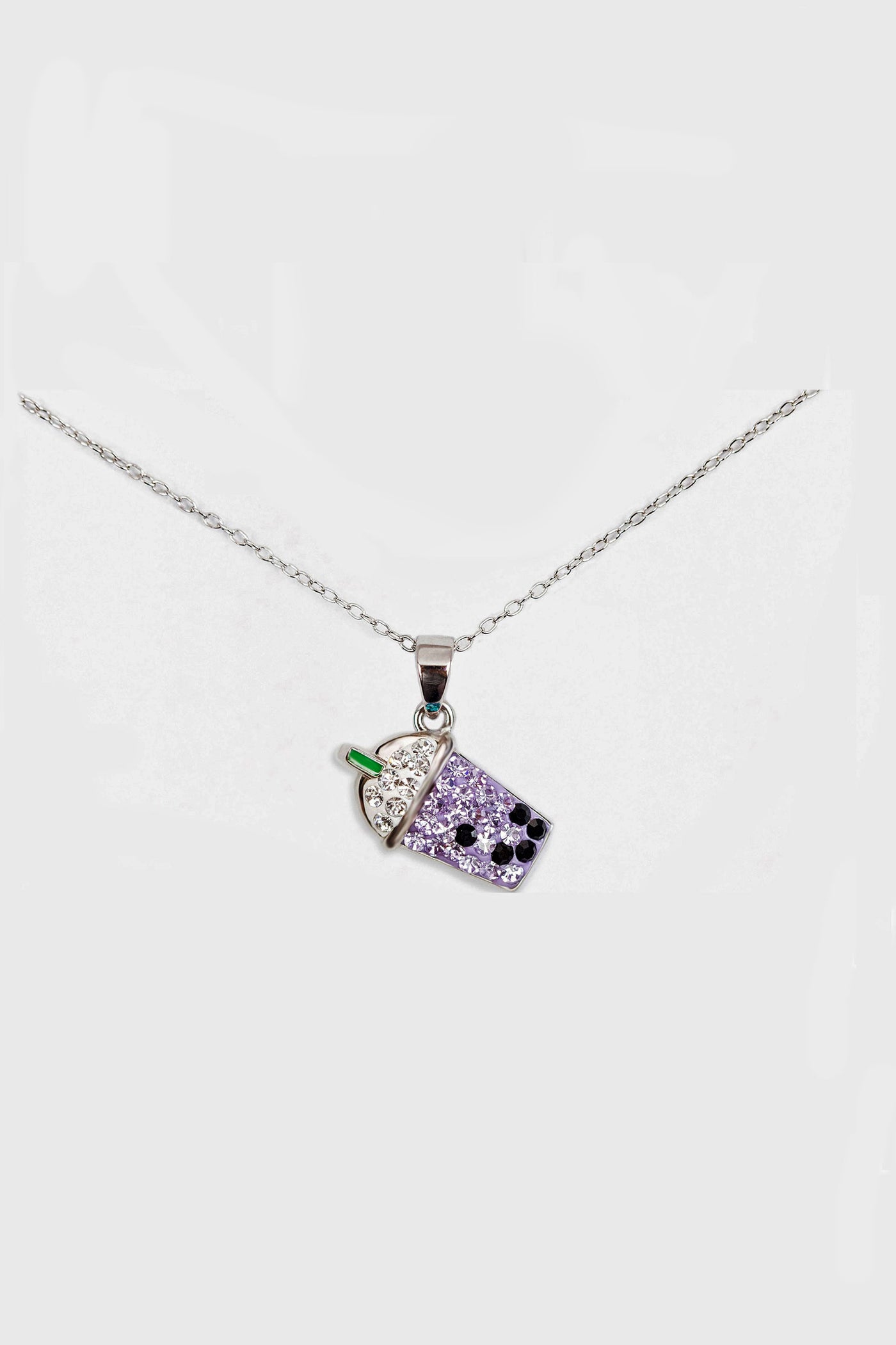 Taro Ube Boba Milk Tea Crystal Sterling Silver Necklace
