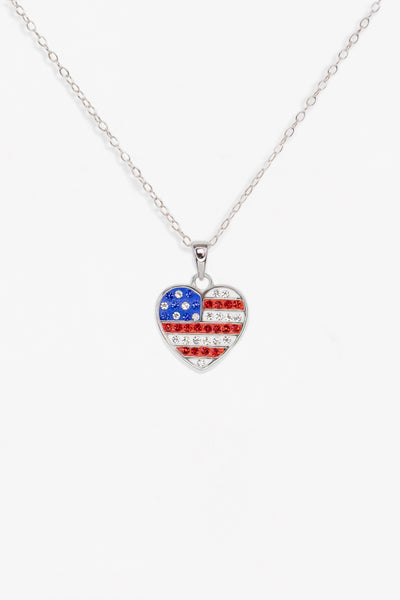 American Flag Heart Crystal Sterling Silver Necklace
