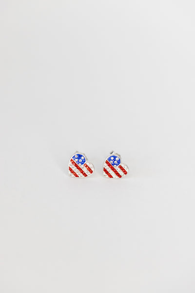 American Flag Heart Crystal Sterling Silver Earrings