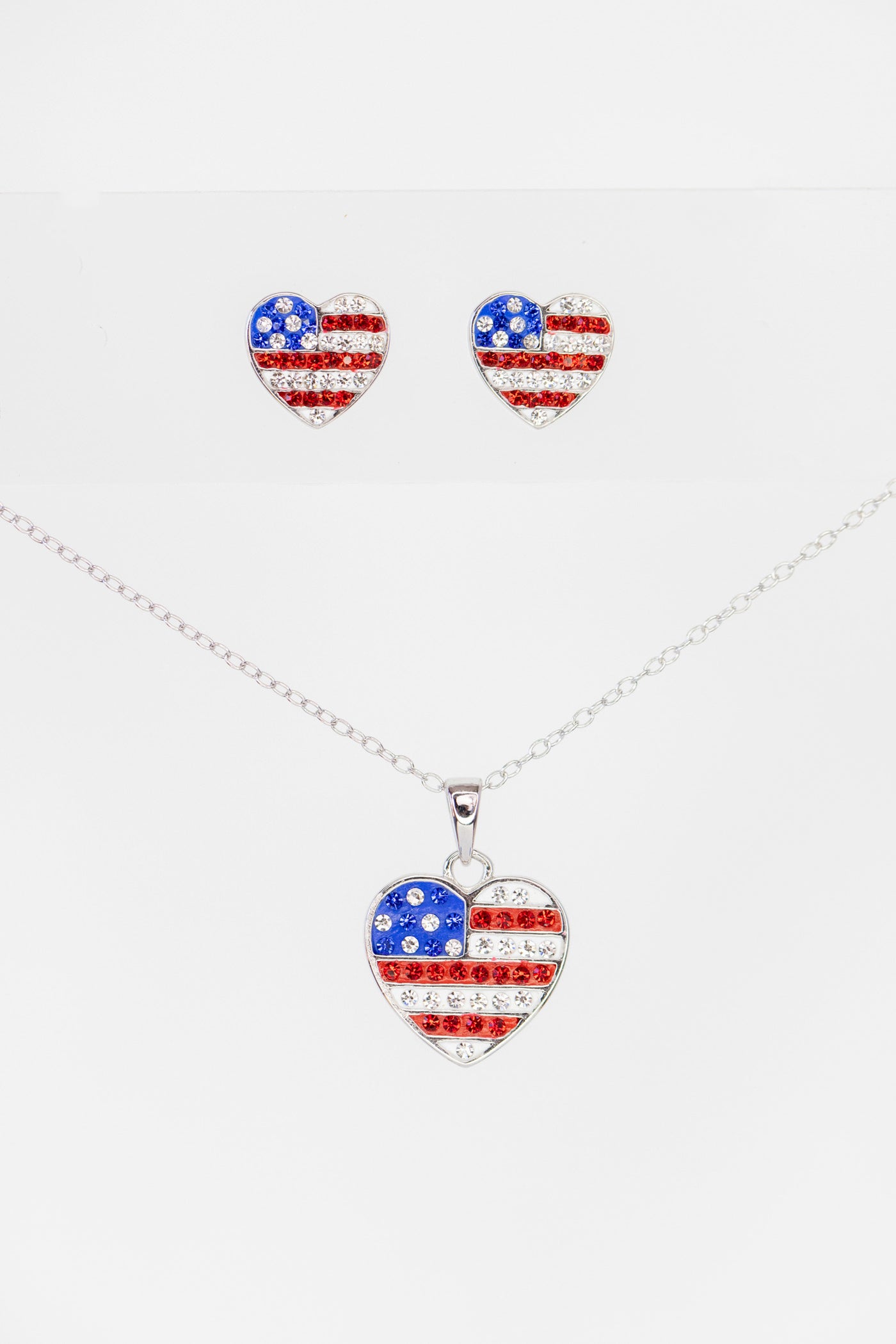 American Flag Heart Crystal Sterling Silver Necklace and Earrings Matching Set
