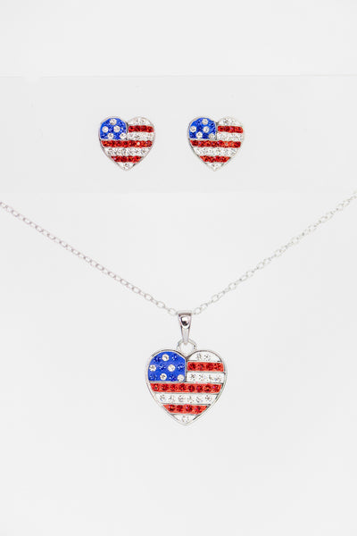 American Flag Heart Crystal Sterling Silver Necklace and Earrings Matching Set
